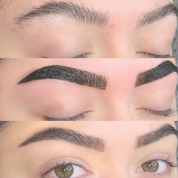 A before and after example of a woman getting her brow henna service. 