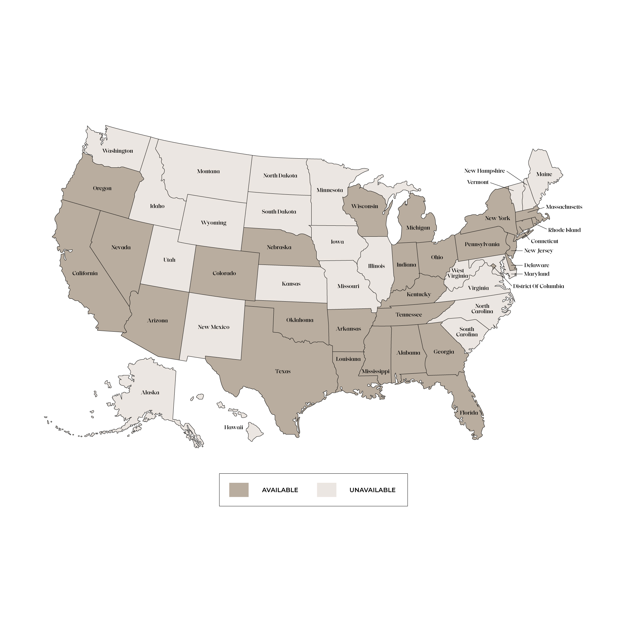 United States map of available and unavailable states for a franchise location